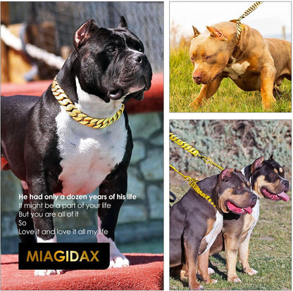 Big Dog Chain Collars,  32MM Thick Cuban Link Dog Collar Strong Metal Dog Cuban Link Collar with Buckle, Solid Stainless Steel Gold Dog Collars for Large Dogs