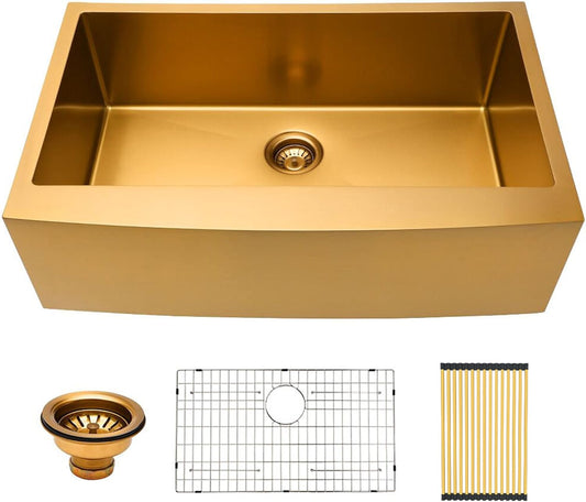 36 Farmhouse Sink Gold -  36 Inch Kitchen Sink Apron Front 16 Gauge Matte Gold Stainless Steel Deep Single Bowl Farm Sink Basin