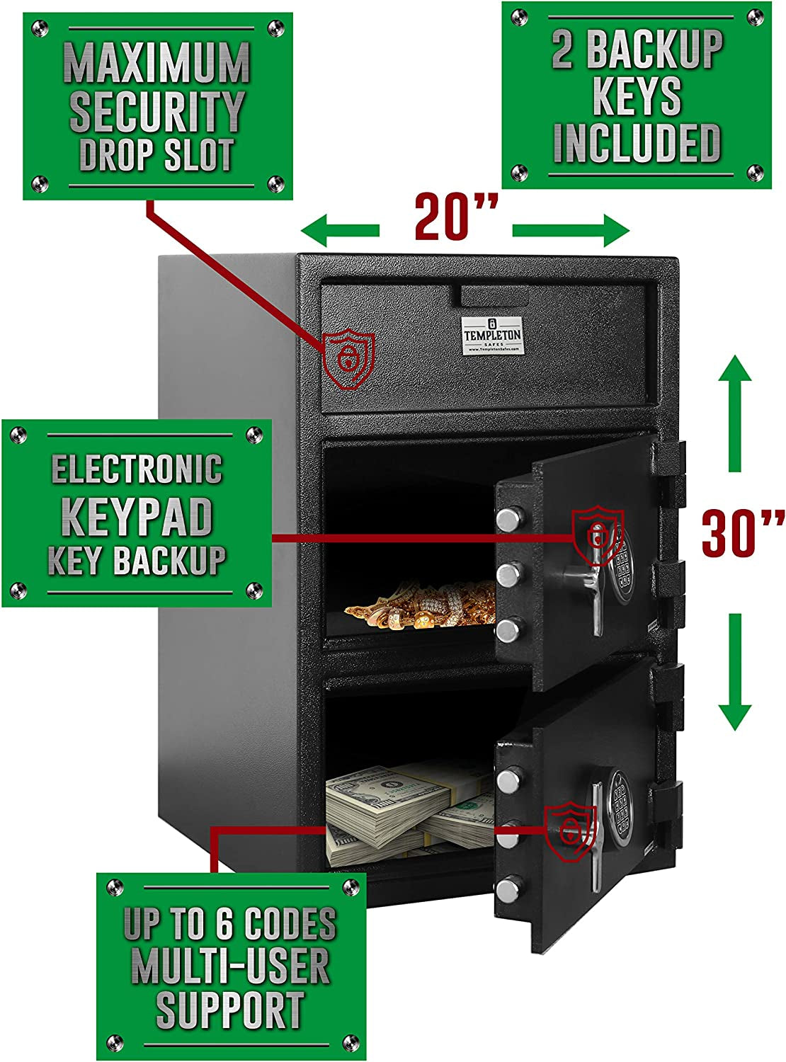 Templeton Large Depository Drop Safe & Lock Box, Electronic Multi-User Keypad Combination Lock with Key Backup, anti Fishing Security, 3.6 CBF Black