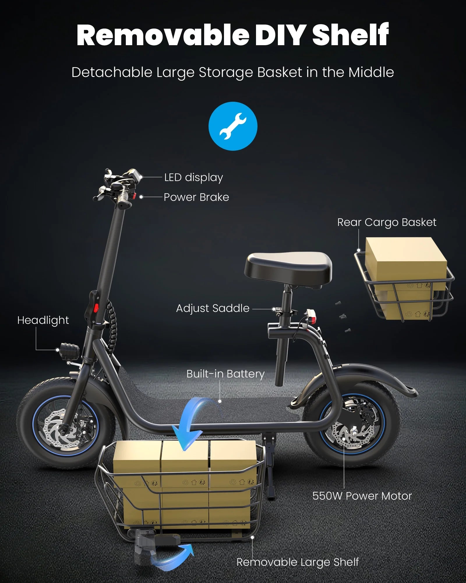 550W Electric Scooter with Seat for Adult, 12 Inch Commuter Electric Scooter for Pets with Front & Back Basket for Pets, Bigger Seat - up to 20 Miles 18.6MPH