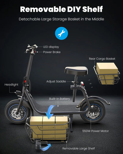 550W Electric Scooter with Seat for Adult, 12 Inch Commuter Electric Scooter for Pets with Front & Back Basket for Pets, Bigger Seat - up to 20 Miles 18.6MPH