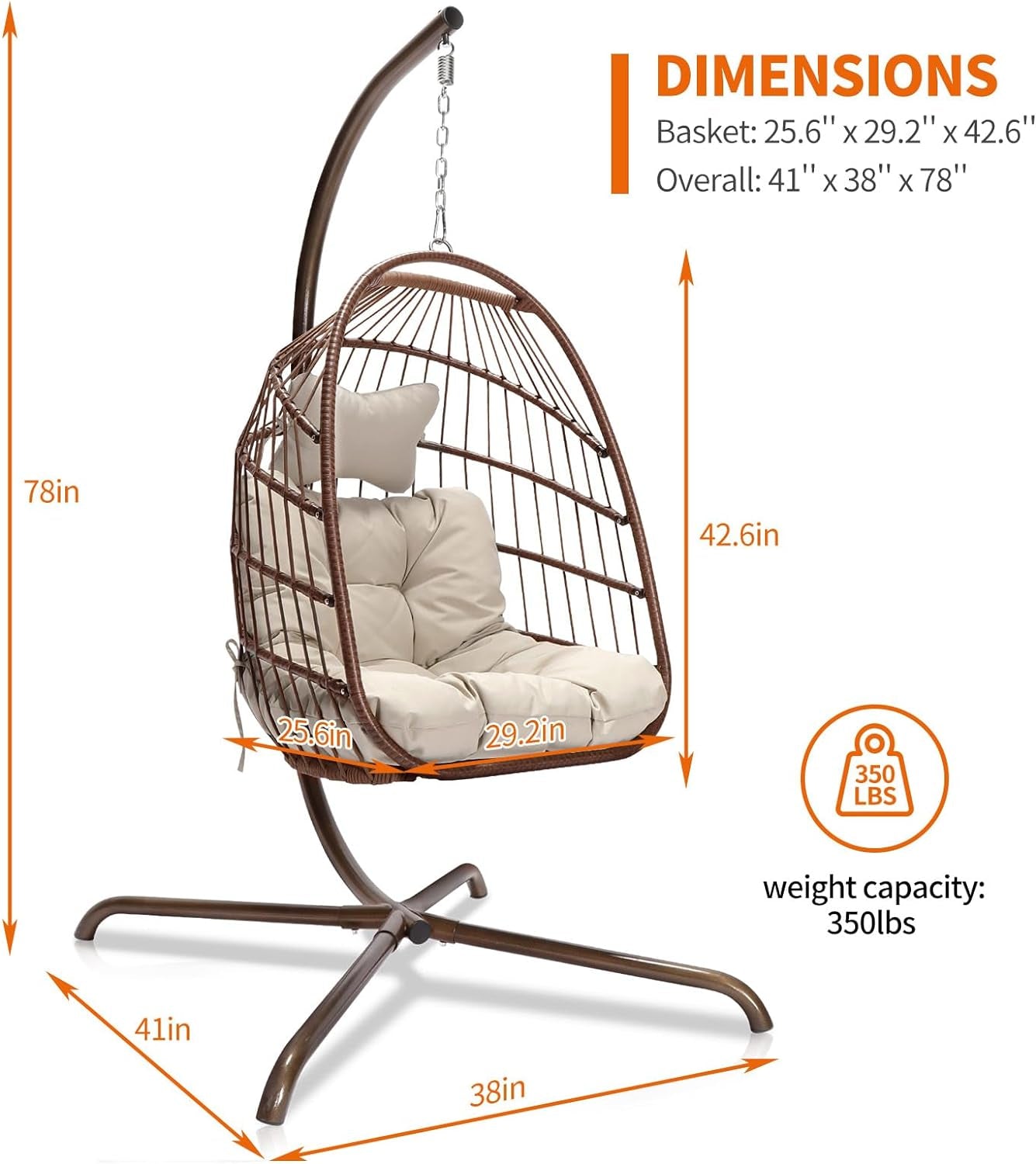 ® Egg Chair Indoor Outdoor Patio Wicker Hanging Chair Swing Hammock Egg Shell Chairs UV Resistant Cushions 350Lbs Capacity for Patio Backyard Balcony Brown with Cover