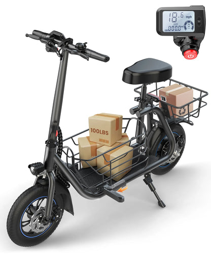 550W Electric Scooter with Seat for Adult, 12 Inch Commuter Electric Scooter for Pets with Front & Back Basket for Pets, Bigger Seat - up to 20 Miles 18.6MPH