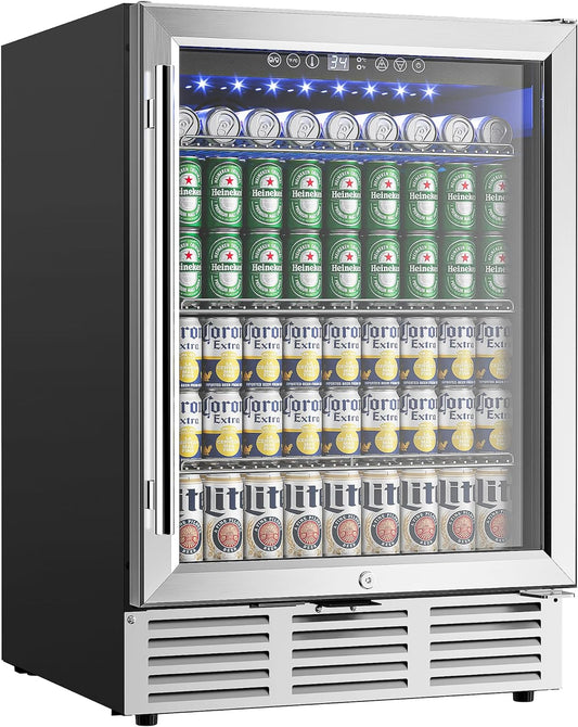 24 Inch Beverage Refrigerator, 180 Can Built-In Beverage Cooler, under Counter Beer Fridge with Glass Door for Soda, Water, Wine - for Kitchen, Bar or Office