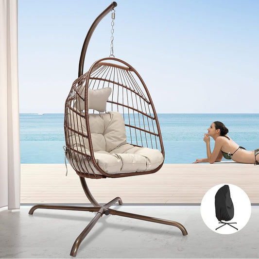 ® Egg Chair Indoor Outdoor Patio Wicker Hanging Chair Swing Hammock Egg Shell Chairs UV Resistant Cushions 350Lbs Capacity for Patio Backyard Balcony Brown with Cover