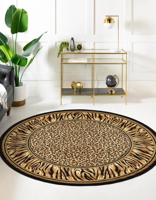 Cheetah Wildlife Rug Light Brown/Black 7' 10" round Border Contemporary Perfect for Dining Room Entryway Bed Room Kids Room