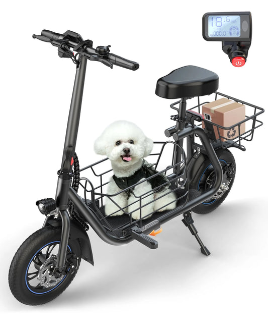 550W Electric Scooter with Seat for Adult, 12 Inch Commuter Electric Scooter for Pets with Front & Back Basket for Pets, Bigger Seat - up to 20 Miles 18.6MPH