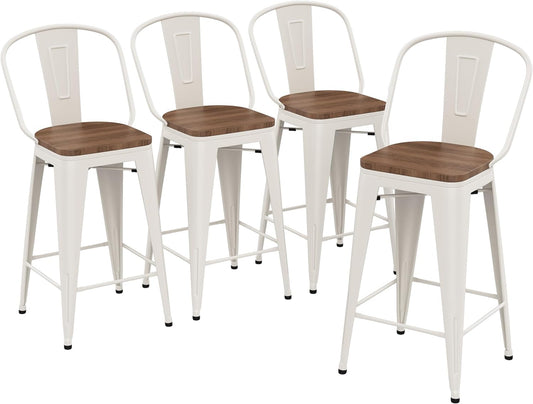 26 Inch Metal Bar Stools Set of 4 Farmhouse Kitchen Island Counter Height Bar Chairs High Back Barstools with Large Wooden Seat Cream White