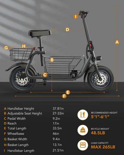 550W Electric Scooter with Seat for Adult, 12 Inch Commuter Electric Scooter for Pets with Front & Back Basket for Pets, Bigger Seat - up to 20 Miles 18.6MPH