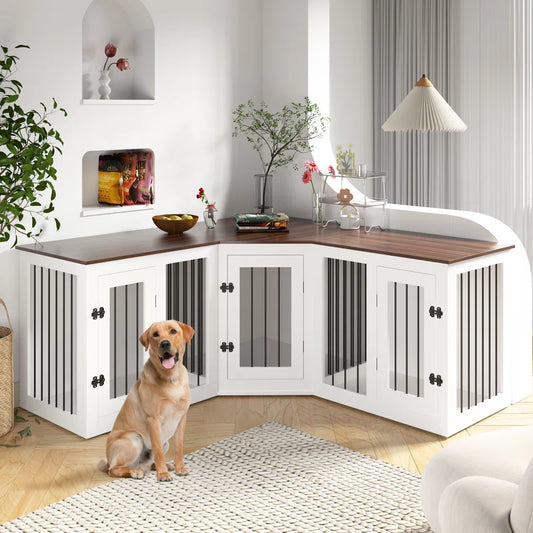 Large Dog Crate Furniture for 3 Dogs, Corner Dog Crate with Lockable Doors, Dog Kennel Crate Cage