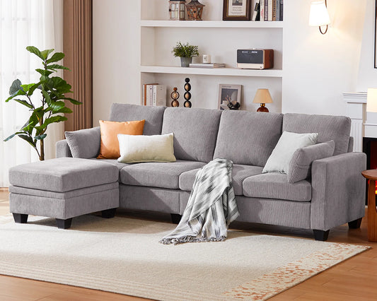 Corduroy Fabric Reversible Sectional Sofa with Chasie Convertible, L Shaped 4-Seat Sectional Couch with Storage Ottoman