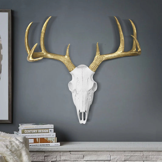 Large White + Gold Antler Faux Deer Skull Decor - 21 Inch Faux Taxidermy Animal Head Wall Decor - Handmade Farmhouse Decor